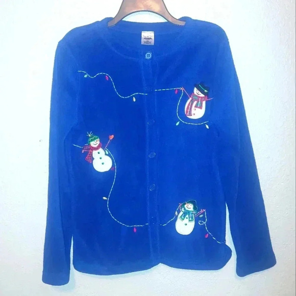 Premier Blue Snowman Stringing Lights Button Up Holiday Sweater Cardigan Small - Picture 1 of 4